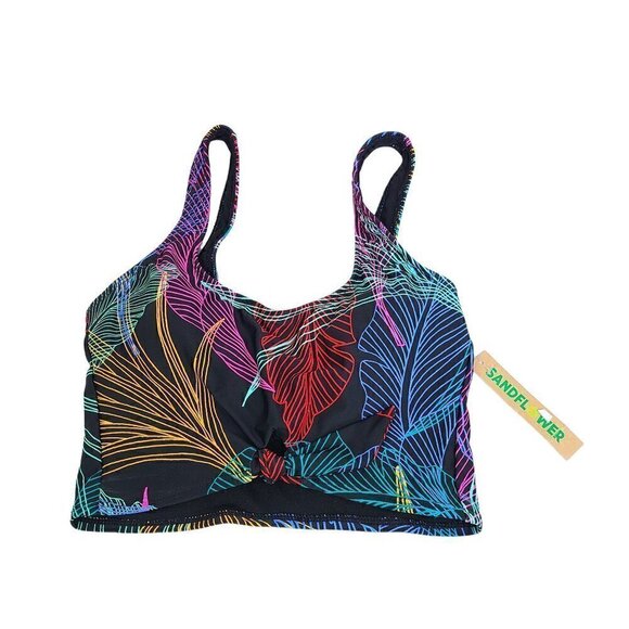 NWT Sandflower Black Neon Multicolor Leaf Front Knot Sleeveless Swim Tank Top - Picture 1 of 6